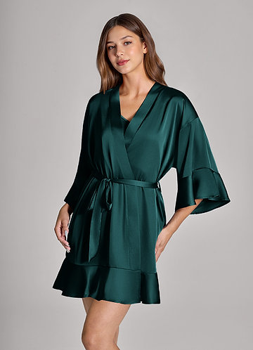 front Matching Color 2-Piece Ruffle Satin Robe and Slip Set
