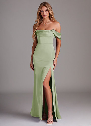 Azazie Saige Bridesmaid Dresses Dusty Sage Sheath Off the Shoulder Stretch Satin Dress image1