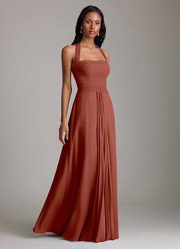Azazie A-Line Cowl Neck Floor-Length Stretch Satin Bridesmaid Dresses - Auburn
