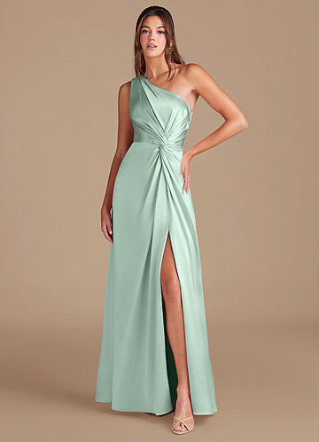 Azazie Brooke Abiti da Damigella Abito A-Line in Raso Metallizzato Monospalla Agave image1