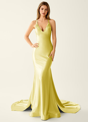 Leonora Citroensorbet Baljurk in zeemeerminstijl met open rug, gemaakt van stretch satijn image1