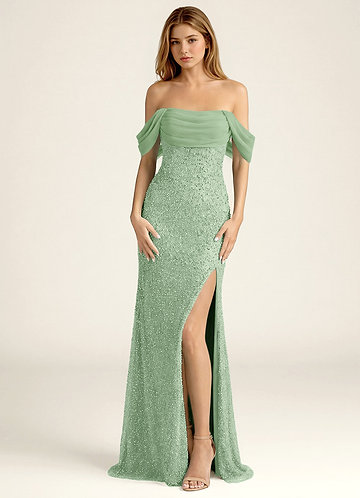 Elowencyn Vert Sauge Robe de bal en mousseline satinée à perles et résille image1