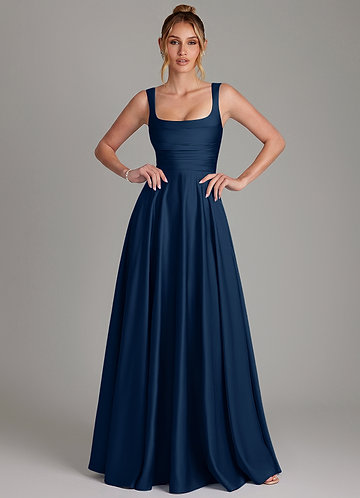 Azaria Bridesmaid Dresses Dark Navy A-Line Corset Stretch Satin Dress image1