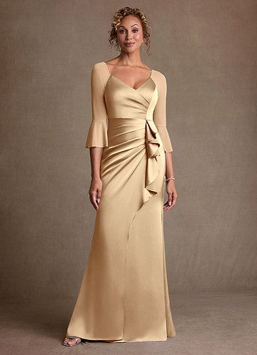 Azazie Nampa Mother of the Brides Dresses Champagne Sheath Pleated Mesh Dress image1