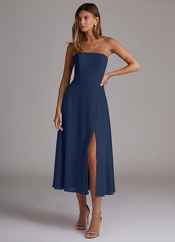 white christmas dresses Dark Navy A-Line Crossed V Neckline Chiffon Knee Length Bridesmaid Dress Dark Navy / US 16