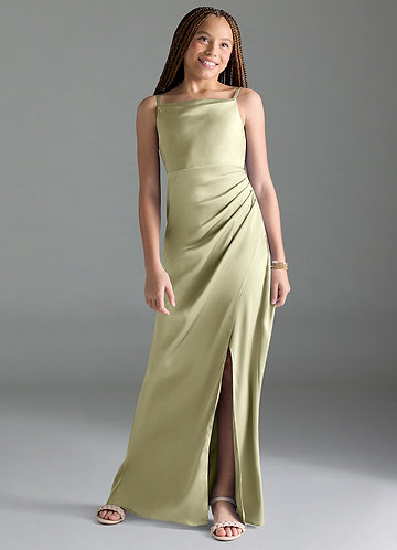Azazie Leonis Junior Pistachio A-Line Pleated Stretch Satin Dress image1