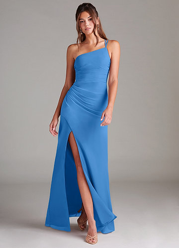 Azazie Eren Vestidos Dama de Honor Vestido de Azul Grisaceo de Gasa de Corte Recto con Hombro unilateral image1