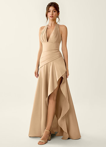 Titania Champagne Satin V-ringad Volangbalklänning image1