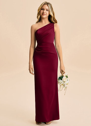 Azazie Akilah Junior Burgundy Sheath Pleated Stretch Satin Dress image1