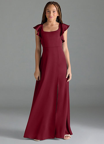 Azazie Bondi Junior Vestido Borgonha de Cetim elástico de Linha A com Fenda Lateral image1