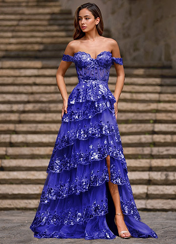 Glitz Bleu Robe de bal trapèze à volants image1