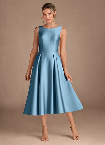 Azazie Fulton Mother of the Brides Dresses Steel Blue A-Line Pleated Stretch Satin Dress image1