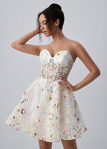 Julienne Ivory Strapless Floral Sequin Corset Skater Mini Dress image1