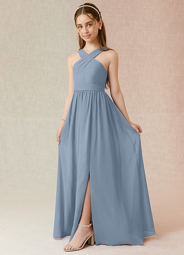 Azazie Jiya Junior Abito A-Line in Chiffon Plissettato Blu Polveroso image1