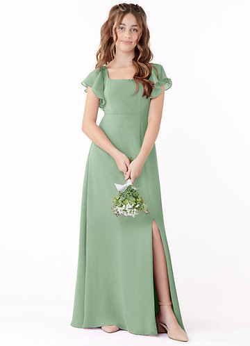Azazie Bondi Junior Matcha A-Line Bow Chiffon Dress image1