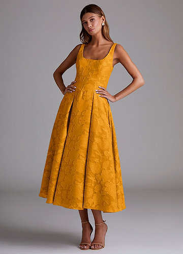 knee length dresses for ladies Sandrine Satin Midi Dress in Gold