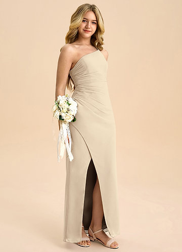 Azazie Eren Junior Vestido Champanhe de Chiffon de Linha A com Plissado image1