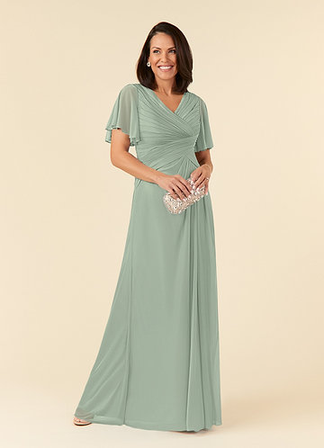 Azazie Emmeline Mother of the Brides Dresses Dusty Sage A-Line V-Neck Pleated Mesh Dress image1