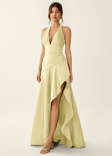 Titania Lemon Sorbet Satin V-neck Ruffled Prom Dress image1