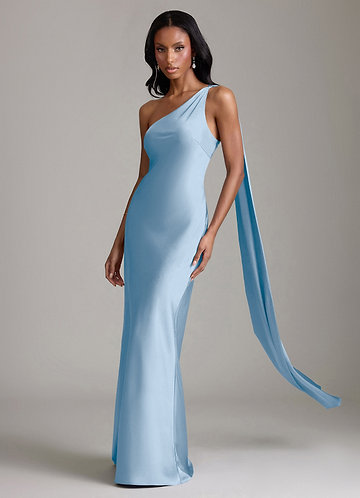 Azazie Juniper Brudtärneklänningar Klä av Sjöjungfru i Stretch Satin Ena axeln Puderblå image1