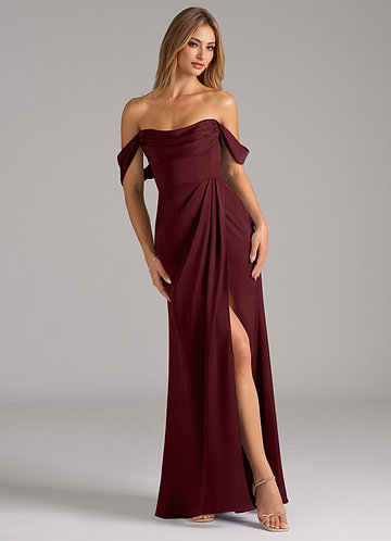 Azazie Johana Robes Demoiselle d'honneur Robe Sirène Convertible en Satin extensible Épaule décolletée Cabernet image1