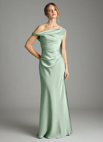 Azazie Emerson Bridesmaid Dresses Agave Mermaid Off the Shoulder Stretch Satin Dress image1