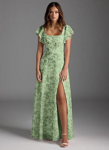 Azazie Bondi Bridesmaid Dresses Green Fern Floral A-Line Ruffled Chiffon Dress image1