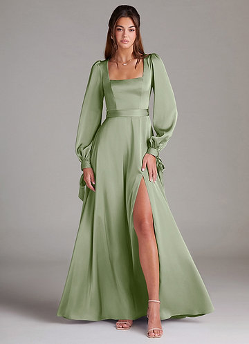 Azazie Leonia Robes Demoiselle d'honneur Robe Trapèze en Satin extensible Manche longue Vert Sauge image1