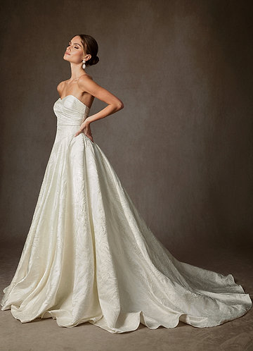 Azazie Tallulah Bröllopsklänningar Klä av A-Linje i Blommig Jacquard Axelbandslös Antik Vit image1