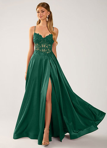 Isoldemark Dark Green Beading Sequin Embroidery Satin Prom Dress image1