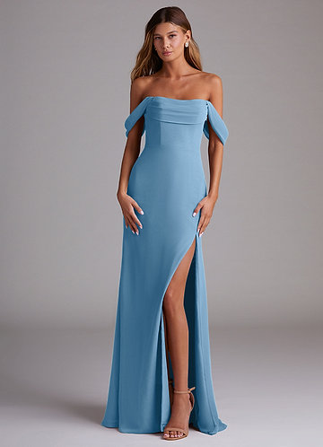 Azazie Saige Bridesmaid Dresses Steel Blue A-Line Off the Shoulder Chiffon Convertible Dress image1