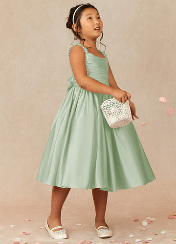 Azazie Cutie Pie Blumenkinder Kleider A-Linie Plissee Matte Satin Kleid Staubiger Salbeigrün image1