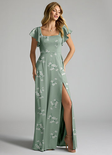 Azazie Bondi 신부 들러리 드레스 A라인 절하다 스트레치 새틴 바닥 길이 드레스 image1