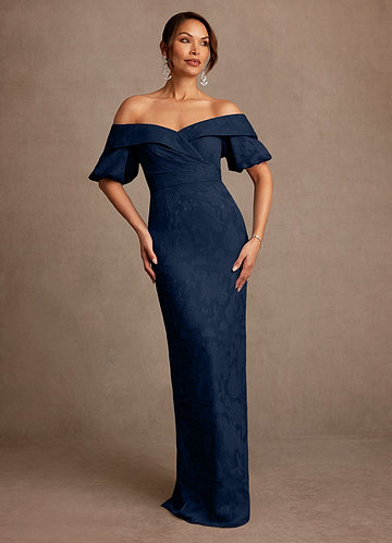 Azazie Golda Robe Mère de la Mariée & du Marié Robe Fourreau en Blumen-Burnout Épaule décolletée Bleu Marine Foncé image1