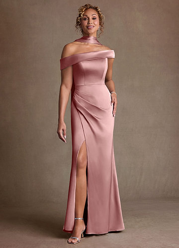 Azazie Kamala Mother of the Bride Dresses Vestido Rosa Empoeirada de Cetim elástico de Bainha com Um ombro image1