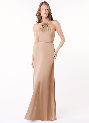 Azazie Delmar Bridesmaid Dresses English Rose A-Line Halter Bow Stretch Satin Dress image1