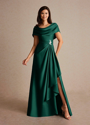 Azazie Branford Mother of the Brides Dresses Emerald A-Line Pleated Stretch Satin Dress image1 0
