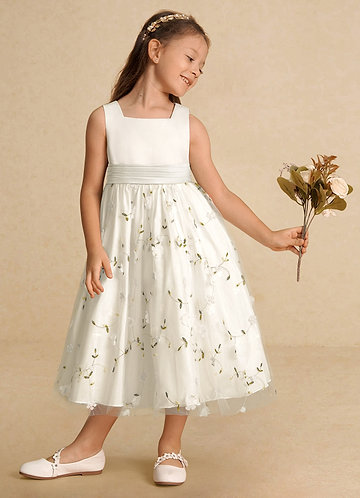 Azazie Pollie Flower Girl Dresses Ivory A-Line Bow Tulle Dress image1 0