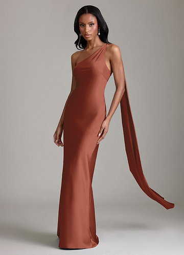 Azazie Juniper Brudtärneklänningar Klä av Sjöjungfru i Stretch Satin Ena axeln Kastanjebrunt image1