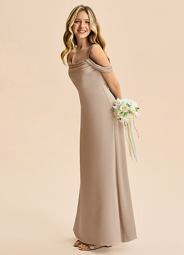 Azazie Lettie Junior Taupe A-Line Off the Shoulder Stretch Satin Dress image1