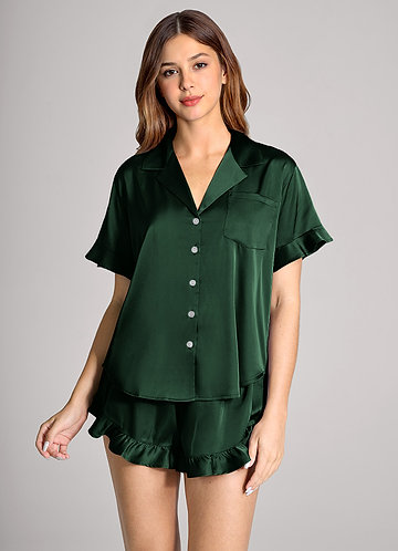 front Matching Color Ruffled Short Sleeve Pajama Set