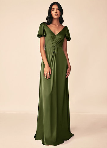 Azazie Soren Robes Demoiselle d'honneur Robe Trapèze en Satin extensible Plissée Olive image1