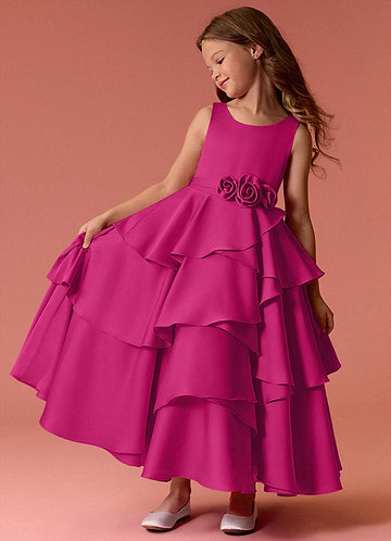 Barbie ♥ Azazie Flower Girl Dresses Scoop Floral Belt Tier Stretch Satin A-Line Dress image1 0