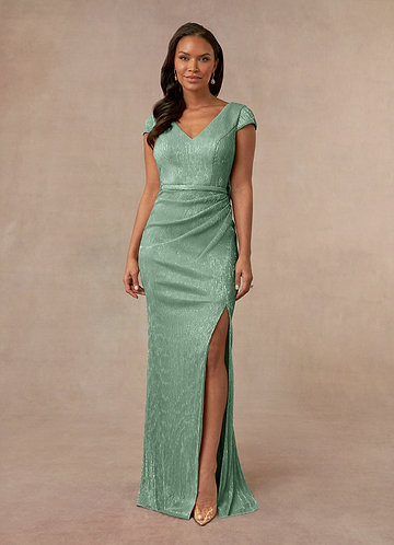 Azazie Galilea Mother of the Brides Dresses Aquamarine Mermaid V-Neck Metallic Mesh Dress image1