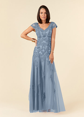 Azazie Easton Dusty Blue A-Line One Shoulder Jacquard Dress | Azazie