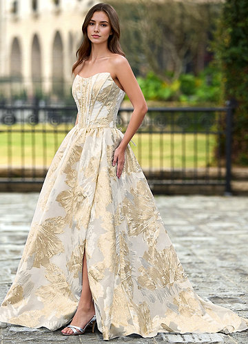 green emerald velvet dress Strapless Long Sparkly Prom Dress with Cut Outs Gold/Ivory/Gold / 0 main image 1