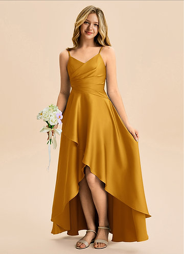 Azazie Eirlys Junior Vestido Caramelo de Cetim elástico de Linha A com Plissado image1