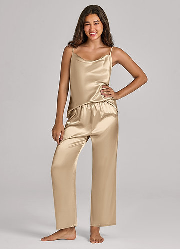 front Matching Color Satin Cami Pants Pajama Set