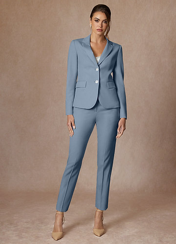 front Whitney Dusty Blue Structured Stretch Full Length Pants Suit