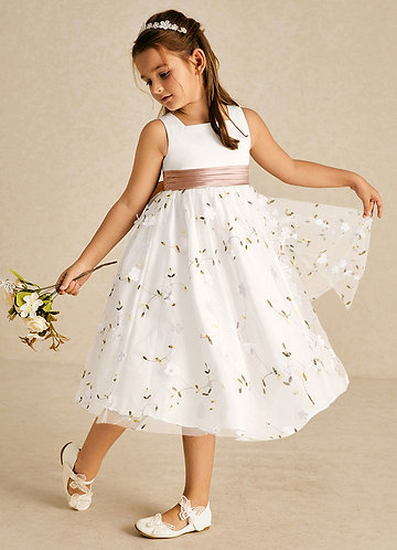 Azazie Pollie Flower Girl Dresses Ivory Champagne Rose A-Line Bow Tulle Dress image1